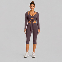 Ensemble 3 pièces Aoyema : Boléro à nouer devant, soutien-gorge halter et short cycliste taille haute pour le sport et le yoga