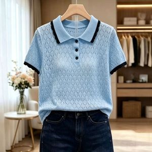 Nuovo Maglione Estivo Traspirante in Poliestere con Colletto a Contrasto in Seta Ghiaccio, a Maniche Corte, da <span class=keywords><strong>Donna</strong></span>, alla Moda, con Dettagli Traforati, Stile Fresco e Delicato - Product Image 2