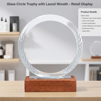Vente en gros usine : Plaques de trophée en bois MVP, vierges, en verre cristal K9 transparent, avec motif couronne de lauriers gravé et base en bois