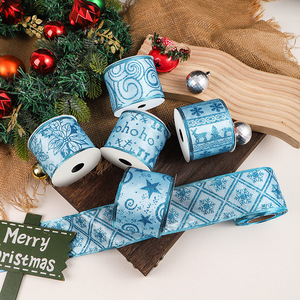 Ruban en polyester bleu à thème de Noël, 63 mm x 10 yards, pour emballage cadeau et nœuds décoratifs DIY - Product Image 1