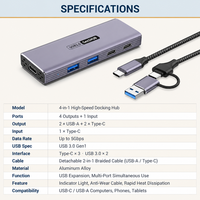 Hub USB 4 en 1 5 Gbps USB 3.0 Gen1 en alliage d'aluminium avec 2 ports USB-A et 2 ports Type-C avec câble détachable pour ordinateur portable PC Vente en gros