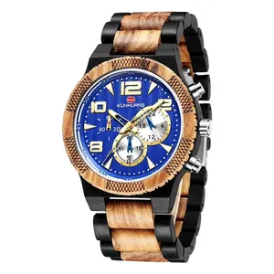 KUNHUANG1016 Jam Tangan Kuarsa untuk Pria, Arloji Kayu Mewah dengan Chronograph Tanggal untuk Pria