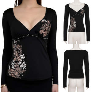 Camiseta Vintage con Estampado Floral, Escote Cruzado en V, Top de Punto Personalizado de Manga Larga, Blusa Informal Regular Multifuncional con Protección UV - Product Image 1