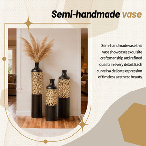 Handcrafted Metal Floor <b>Vase</b> Set Black Gold Cutout Design Tall <b>Vases</b> 20.8 24.8 28.7 Inches Living Room Entryway Decor - Product Image 3