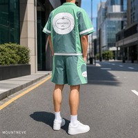 Ensemble 2 pièces veste et short de survêtement pour homme, manches courtes, color block, en nylon, fermeture éclair intégrale, col polo, avec patch badge personnalisé, fabrication sur mesure