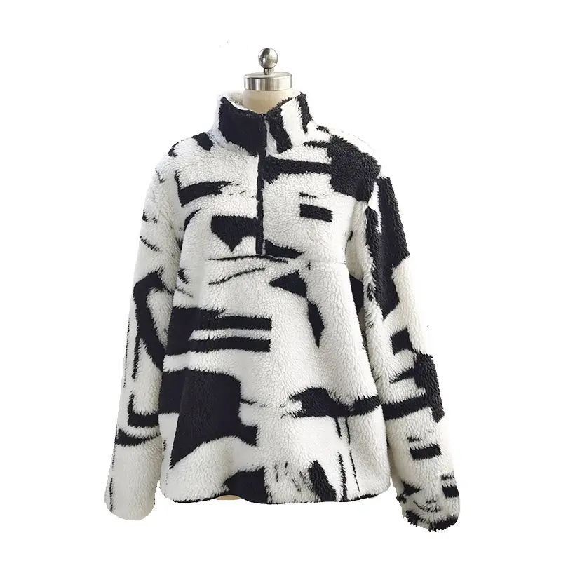 350 gsm Lamb Fleece Hoodie with Half Zipper Black White Pattern Women's Winter Thick Hoodie