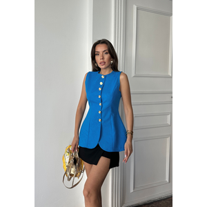 Gilet en lin jacquard ajusté à la taille, bleu, sans manches, pour femme, taille S - Product Image 3