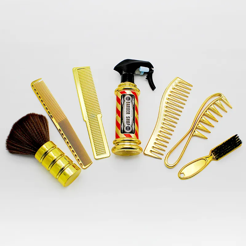 7-teiliges Gold-Salon-Haarstyling-Werkzeug-Set Barbier Sprühflasche Haarschnitt-Mix breiter Zahnkamm Reinigungs-Haarbürste für Schönheitssalons