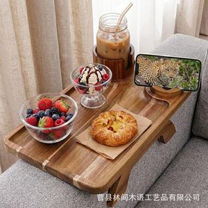 Plateau de canapé en bois d'acacia avec support pour téléphone, plateau pliable pour collations, pour salon, café, thé, boissons - Product Image 2