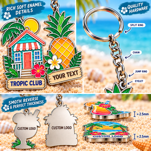 Porte-clés personnalisés en émail souple sur le thème de la baie tropicale : Bungalow de plage, Ananas, Cocktail, Ferry – Porte-clés métalliques OEM ODM - Product Image 3