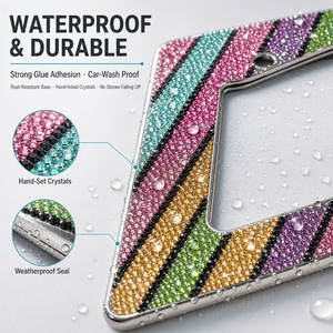 Marco de matrícula brillante con rayas diagonales arcoíris, hecho a mano, con cristales multicolor, protector de matrícula para automóvil con tornillos y tapas, estándar estadounidense - Product Image 5