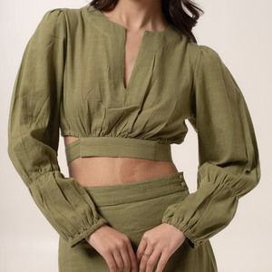 Set Estivo da Donna in <span class=keywords><strong>Lino</strong></span> Marrone, 2 Pezzi, <span class=keywords><strong>Camicia</strong></span> a Maniche Lunghe e Gonna Lunga a Vita Alta, OEM - Product Image 2