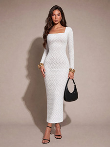 New Square Neck <b>Long</b> Sleeved Textured Dress for Women with Exposed Back, Slim Fit, Slit Cut, Hip Hugging <b>Long</b> <b>Skirt</b> - Product Image 1