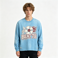 T-shirt graphique BEAT 78 à manches longues bleu délavé style vintage et usé, coupe ample, streetwear, pour homme et unisexe, vente en gros