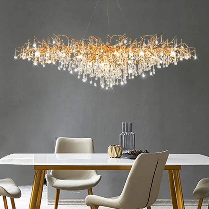 Modern Home Decor Lamp Gold Raindrop Glass Chandelier Interior Living Room Dining Table Aluminum LED Tree Chandelier