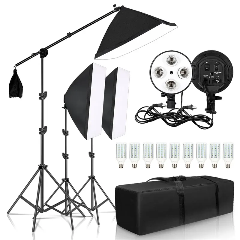 E-reise Softbox Photography Lighting Kit 50x70CM Professional Continuous Studio Lighting Equipment with Boom Arm