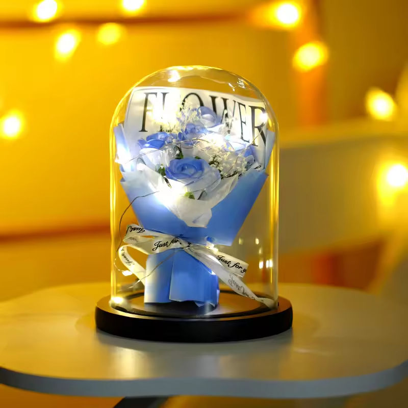 กุหลาบ 5 ดอก สีน้ำเงินน้ำแข็งบด A (กระดาษสีน้ำเงิน)