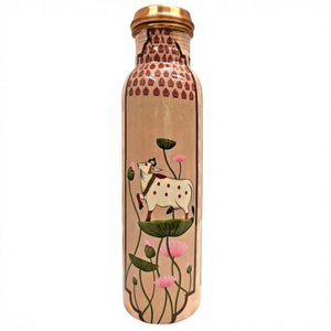 Botella de hidratación de cobre puro Royal Sacred Cow Pink Lotus Art, para uso en el hogar, viajes y fiestas - Product Image 1