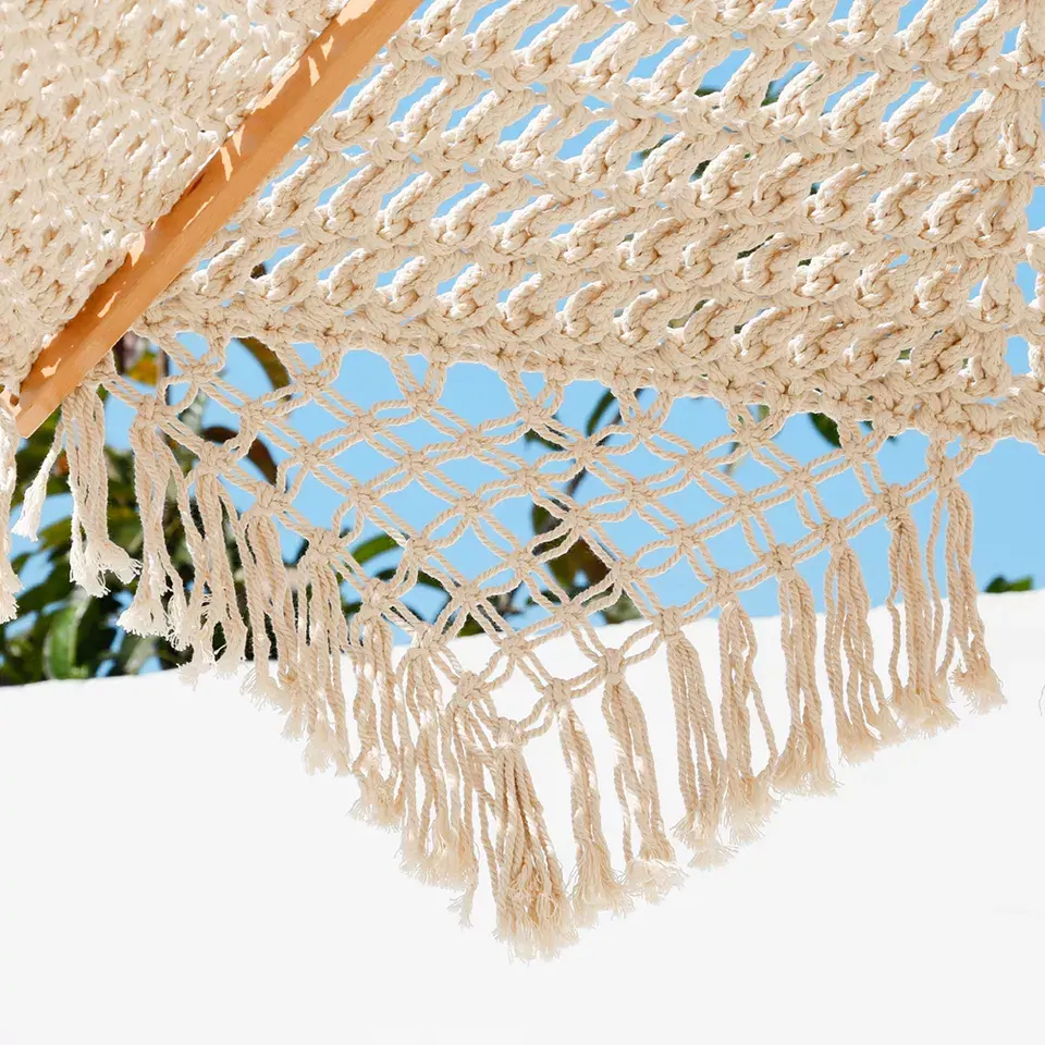 Quality Crochet Patio Wooden Umbrella Handmade Cotton Tassels 2.5m Parasol Macrame Ropes Open Umbrella With Fringe