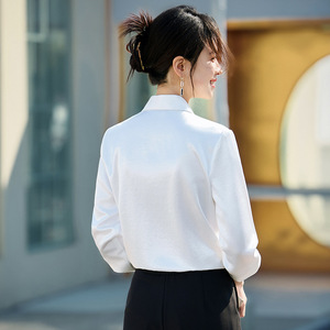 Women Satin Shirt Red Solid Color Long Sleeve Button Front Commuting Top - Product Image 4