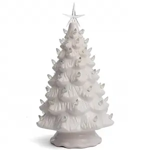 Pohon Natal Keramik-Atas Meja Pohon Natal dengan Lampu- (15.5 "Pohon Natal Putih Besar/Lampu Putih)-Berlampu Vintage