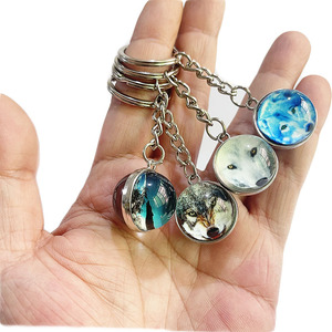 maoke Time gemstone glow Wolf head Moon keychain forest animal double sided glass ball bag pendant gift wholesale