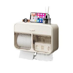 Porte-papier toilette mural à double compartiment avec étagère, sans perçage, boîte à mouchoirs étanche, rectangulaire, blanc - Product Image 1