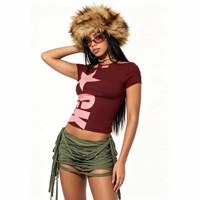 PEEQI Z111 Fashion 2026 Kaos Wanita Baru Y2K T-shirt Slimming dengan Cetakan Huruf Crop Top Lengan Pendek Bodycon Kasual Kaos Wanita