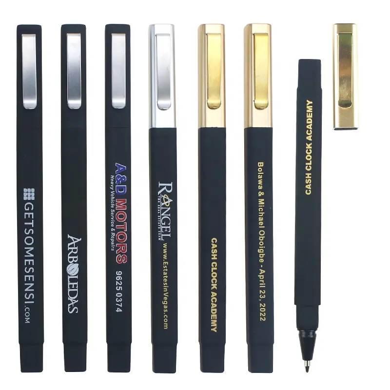 High quality rubber coating body custom logo plastic cheap square hotel ball pen with gold cap