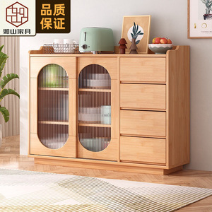 Nordic Solid Wood <b>Sideboard</b> Natural Color Living Room Multifunctional <b>Storage</b> Cabinet With Glass Doors And Drawers - Product Image 1