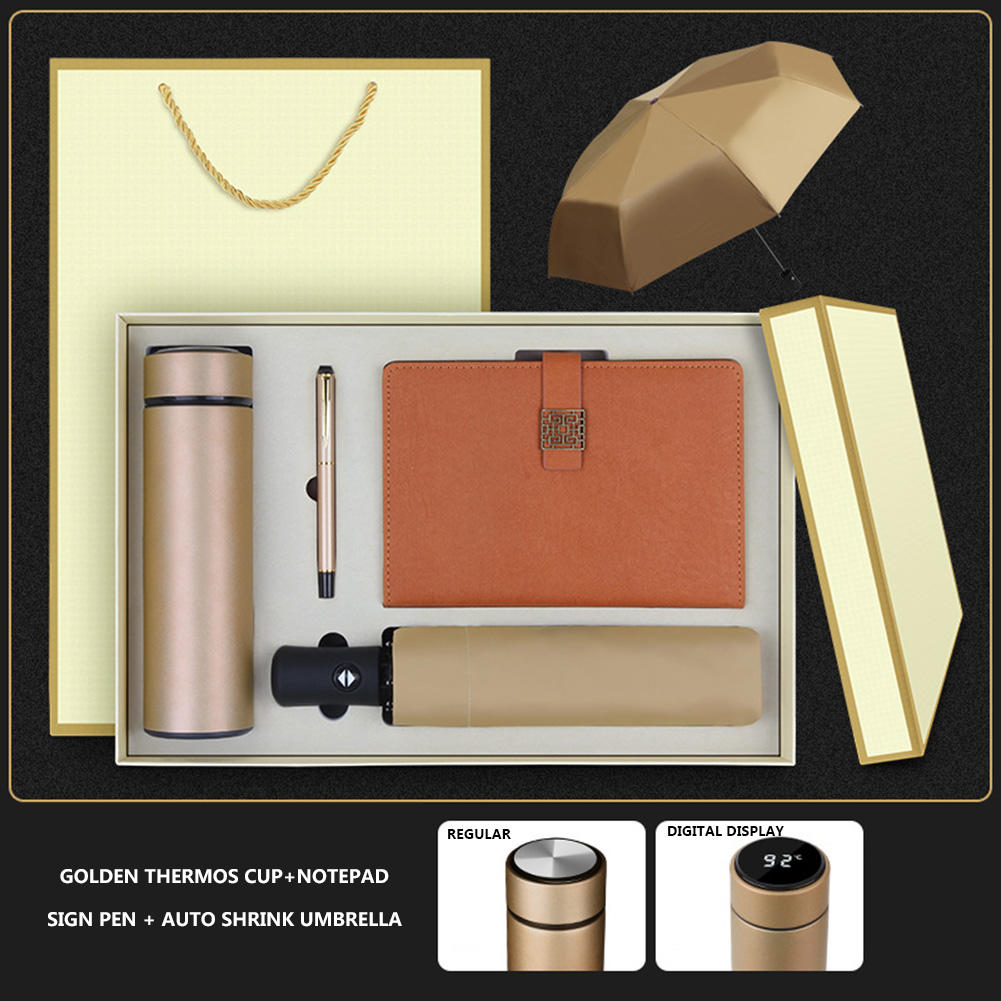 Gold-Water bottle/Notebook/Pen/Umbrella