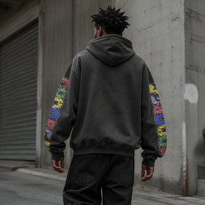 Men's Oversized Vintage Acid Wash Zip-Up Hoodie Costom Full-Sleeve Letter Print Frontal Logo Streetwear Sweatshirt for Wholesale - Product Image 3