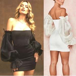 176 blanc et noir élasthanne épaules dénudées organza manches bouffantes mini <span class=keywords><strong>robe</strong></span> femmes tenue décontractée vêtements <span class=keywords><strong>voile</strong></span> <span class=keywords><strong>robe</strong></span> de soirée - Product Image 2