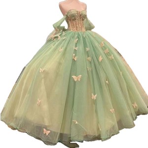 Light Green Off The Shoulder Ball Gown With Butterfly Applique Empire Waistline Evening Dress - Product Image 5