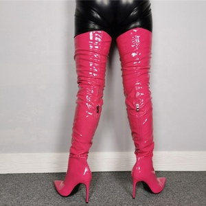 Bottes hautes sexy en cuir verni couleur bonbon avec fermeture éclair arrière pour femme, talon aiguille, bout pointu, bottes longues jusqu'au cuisse, grandes tailles - Product Image 6