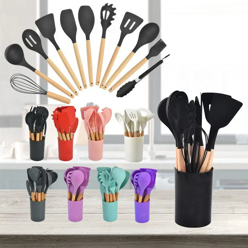 Juego de utensilios de cocina de silicona, 12 piezas personalizadas, juego de utensilios de cocina, espátula, utensilios de cocina agitadores, mango de madera