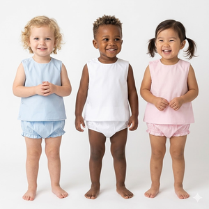 Conjunto de Blusa y Pantalón Corto para Bebé, Color Azul Celeste y Rosa, con Monograma, sin Mangas, con Ribete de Picot, de Algodón Tejido, para Recién Nacidos - Product Image 2