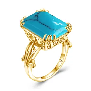 Wholesale Silver Jewelry 18K Gold Pure Silver Ring Gemstone Rings Women Christmas Gift Synthesis Turquoise