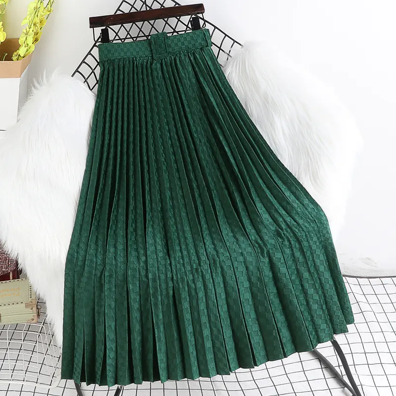 Cheap Stylish Vintage Casual Slim Knitted Pleated Midi Skirts Ladies Fashion Elastic High Waist Skirt Women With Belted