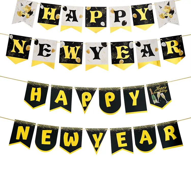 HAPPY NEW YEAR with gilt letters pull flags and banners decorated for NEW YEAR parties