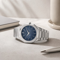 Montre pour homme avec logo personnalisé, bracelet intégré en acier inoxydable de luxe, cadran bleu croisé, lunette octogonale, quartz ultra fin, 5 ATM