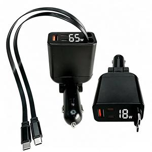 Chargeur de voiture stw 100W à double câble rétractable pour téléphone, adaptateur de charge ultra-rapide 4-en-1 avec affichage numérique LED 12V - Product Image 1