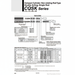 Cylindre CQSKB20-5DM compact SMC Pneumatics Catégorie de produit Pièces pneumatiques - Product Image 1