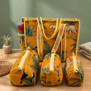 Ensemble de sacs de rangement matelassés en coton et paille, trousses de toilette zippées, organisateur de voyage à poignée souple, motif floral, style bohème - Product Image 3