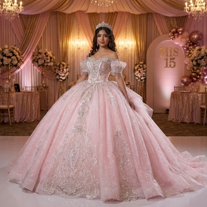 Xs317 Stunning Pink Sweetheart Cold Shoulder Crystal Vine Corset Bow <b>Glitter</b> Ball Gown Modern Floor-Length Quinceanera Dress - Product Image 1