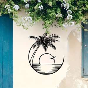 Décoration <span class=keywords><strong>murale</strong></span> en métal gravée, thème Plage Tropicale avec palmiers et aigrettes au lever du soleil, pour environnement extérieur de plage (1 pièce) - Product Image 3