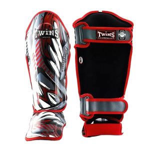 สนับแข้ง PU รุ่น Twins Professional ลายสีแดงและสีเงิน สำหรับฝึกซ้อม MMA มวยไทย ใช้ได้ทุกฤดู อุปกรณ์ป้องกัน - Product Image 1