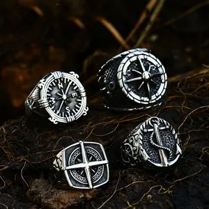 Retro compass titanium steel jewelry men's stainless steel casting ship anchor ring spot wholesale