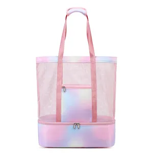 Bolso de hombro grande multifunción para hombre y mujer, bolsa de malla elegante para playa, color rosa