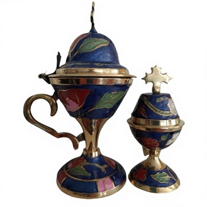 Juego de Incensario de Latón Hecho a Mano con Esmalte Azul y Cruz Floral, Recipiente Religioso Cristiano Litúrgico, Difusor de Aroma con Aroma Agradable - Product Image 1